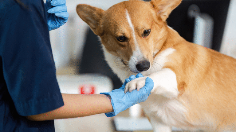 Médico-veterinário de luvas examinando a pata de um cão corgi