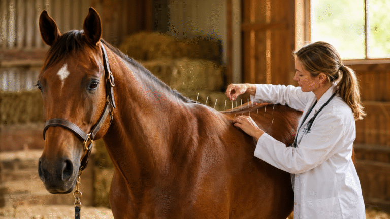 Medicina integrativa para equinos: veterinária aplicando acupuntura em um cavalo